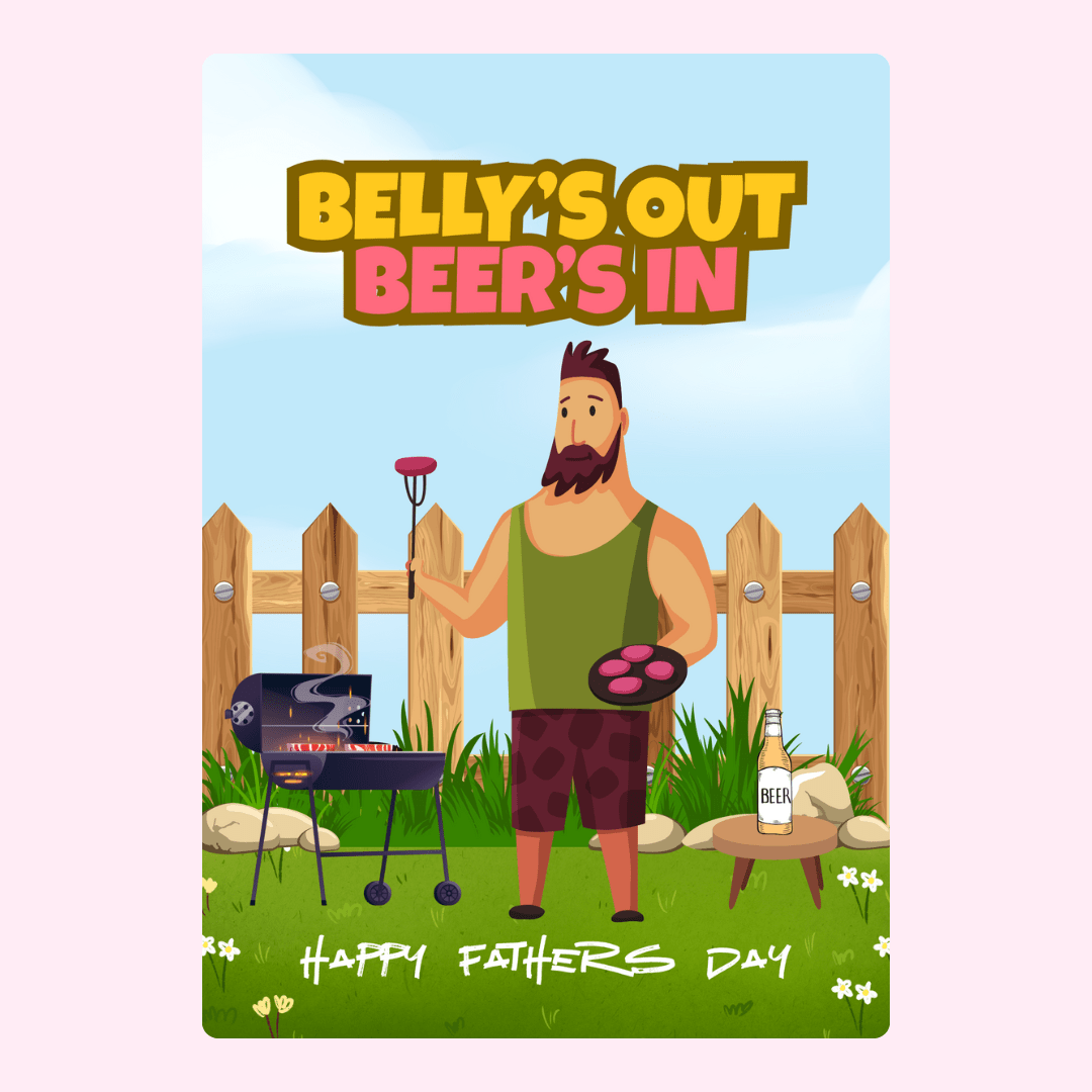 Funny Father's Day card with BBQ dad and beer design