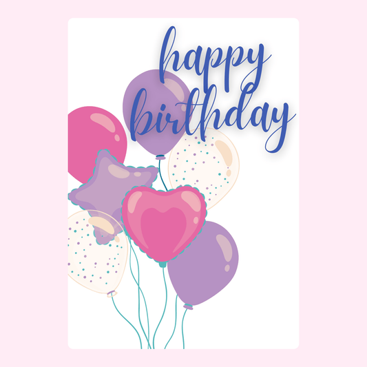 Colourful birthday balloons with happy birthday text in a soft pastel card design