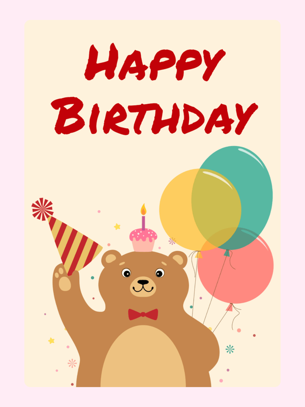 Happy Birthday card with bear and balloons