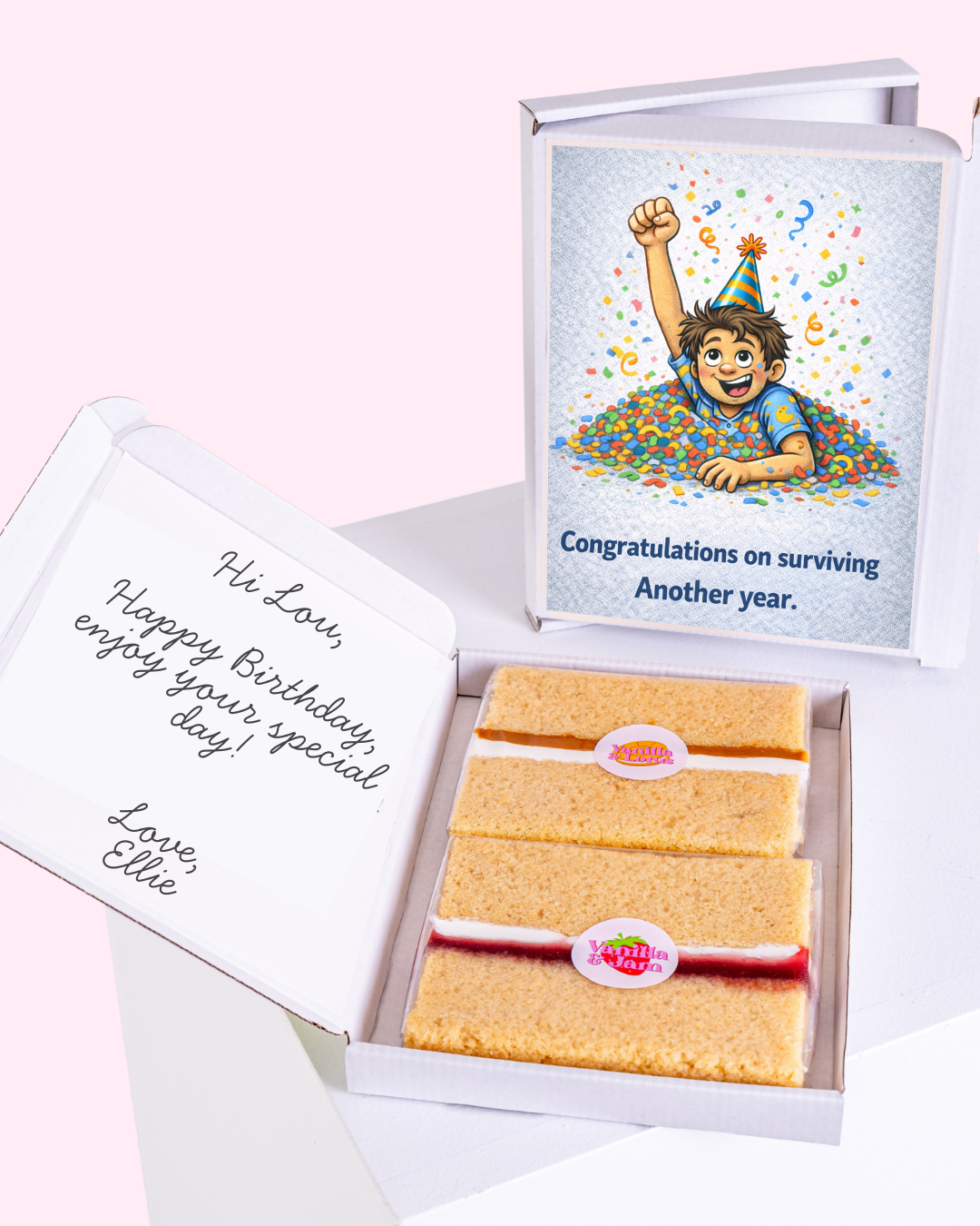 Birthday cake slice gift box with funny congratulations on surviving another year card