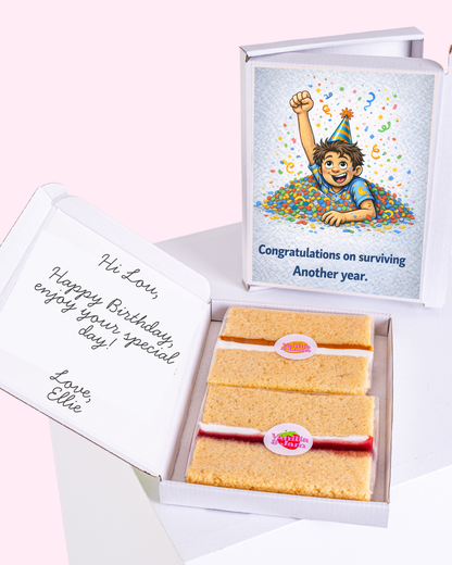 Birthday cake slice gift box with funny congratulations on surviving another year card