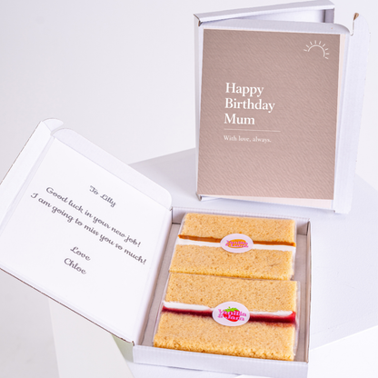 birthday cake card for mum in gift box with neutral design and sponge cake slices