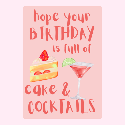 cake and cocktails birthday card design