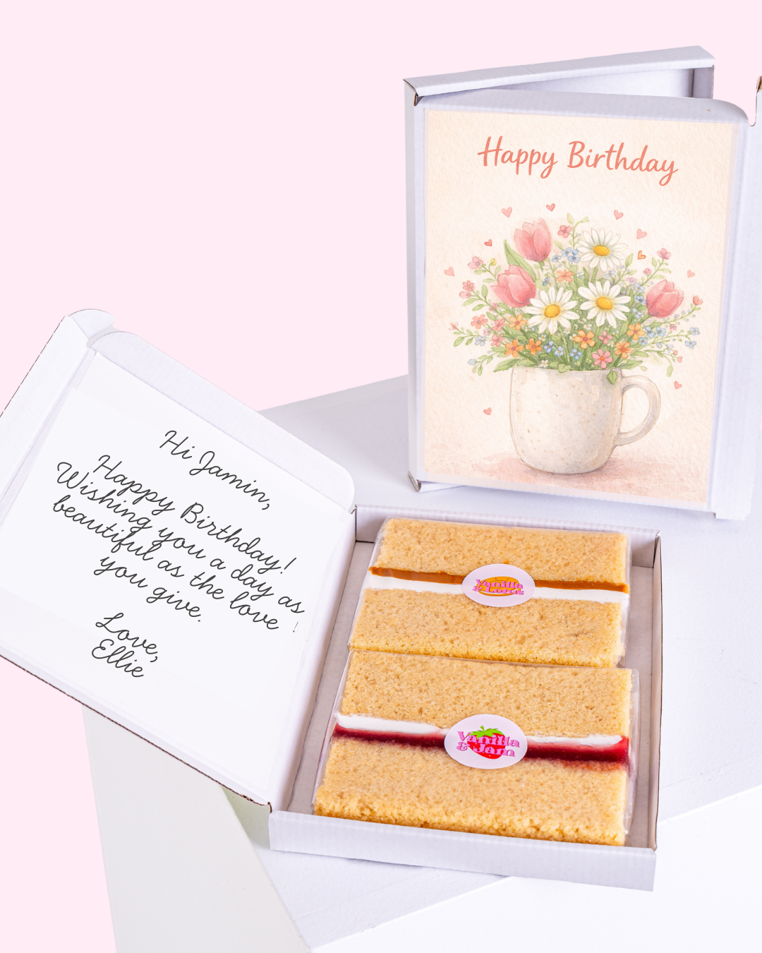 Birthday gift box with floral card and layered cake slices