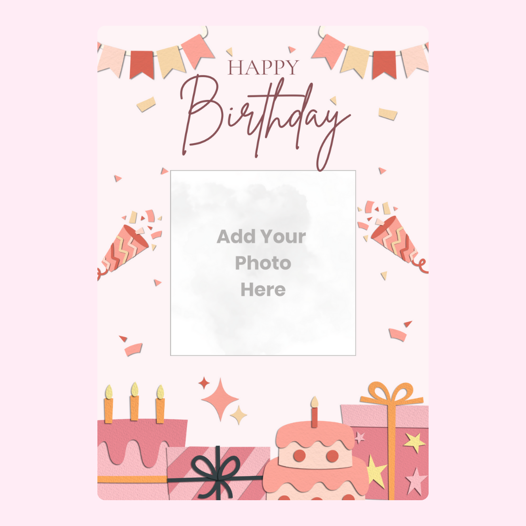 Birthday photo upload card with cake and gifts