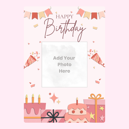Birthday photo upload card with cake and gifts