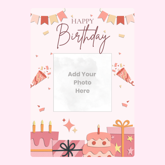 Birthday photo upload card with cake and gifts