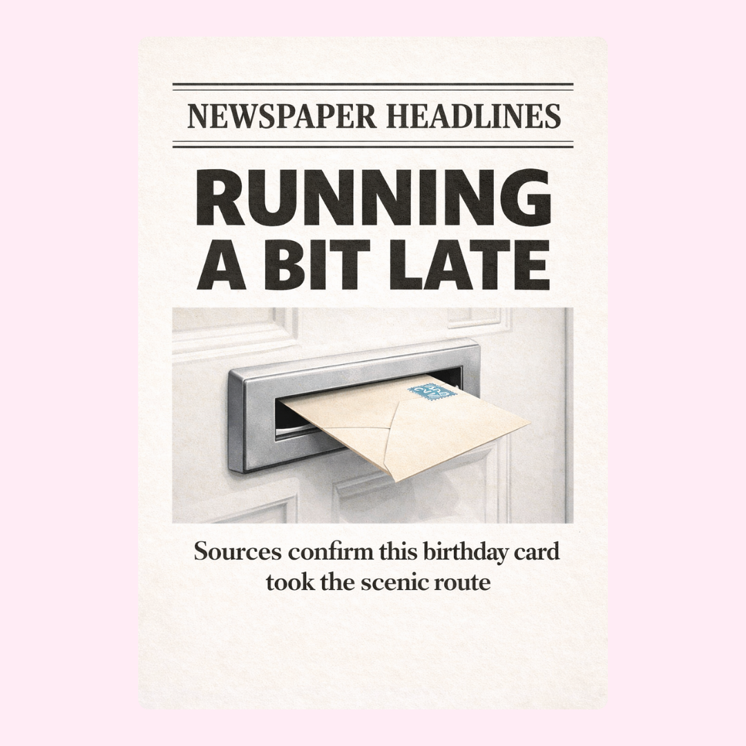 A funny newspaper-style birthday card with "Running a bit late" headline and "Sources confirm this birthday card took the scenic route" message.