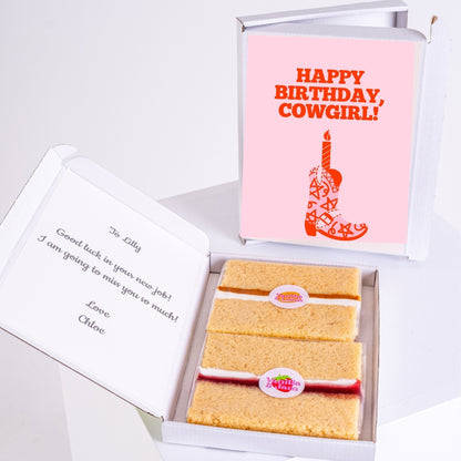 gift box letterbox cake with cowgirl birthday card