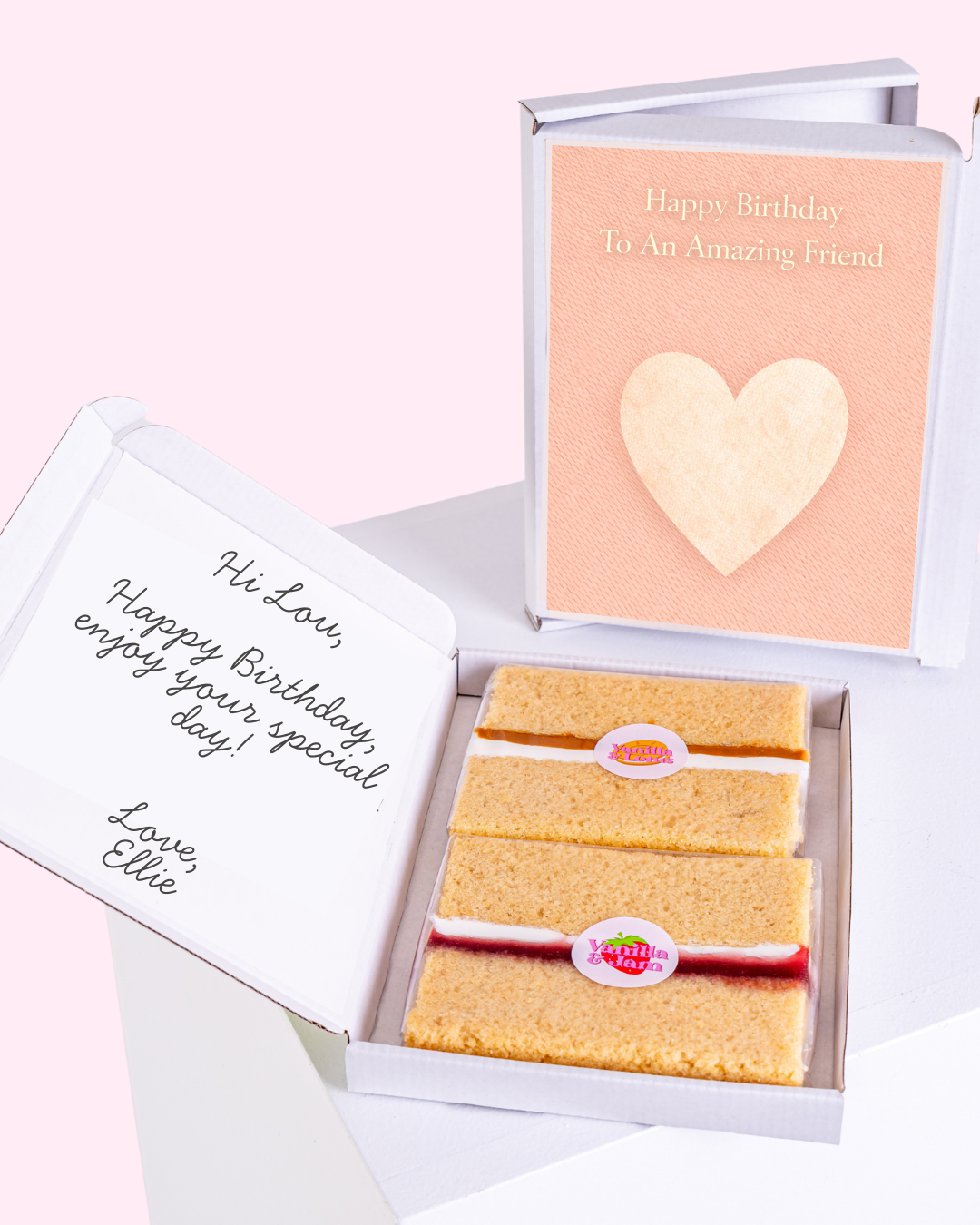 Birthday gift box for friend with cake slices and heart card