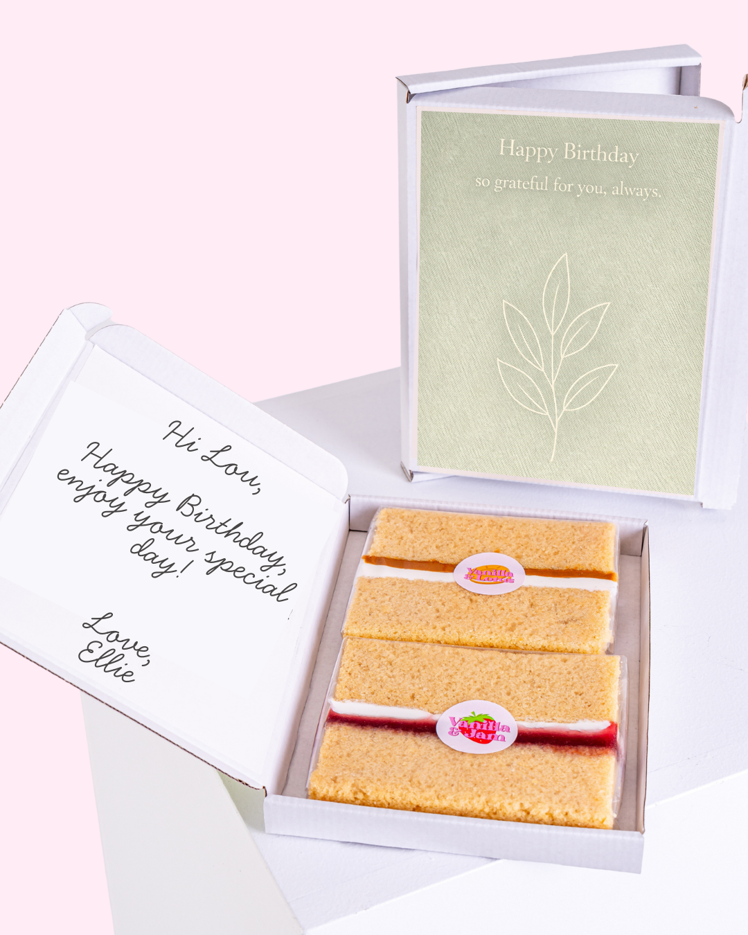 Birthday gift box for friend with cake slices and leaf card