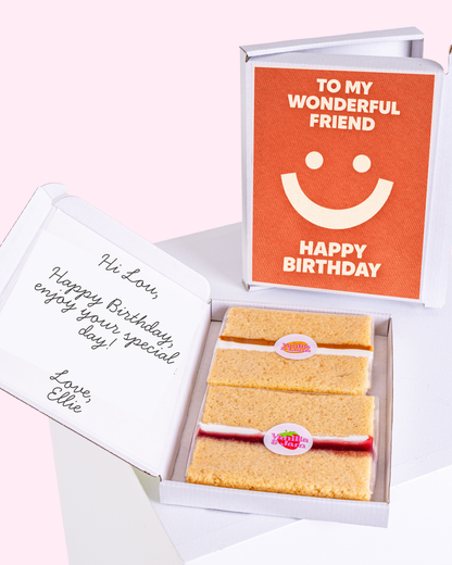 Birthday gift box for friend with cake slices and smiley birthday card