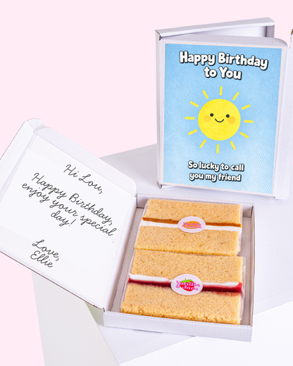 Birthday gift box for friend with cake slices and sunshine card