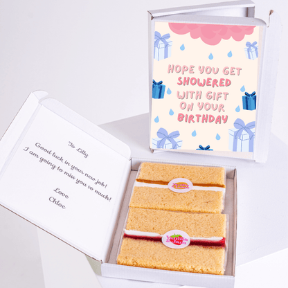 Fun birthday cake gift box with playful showered with gifts design and pastel present illustrations