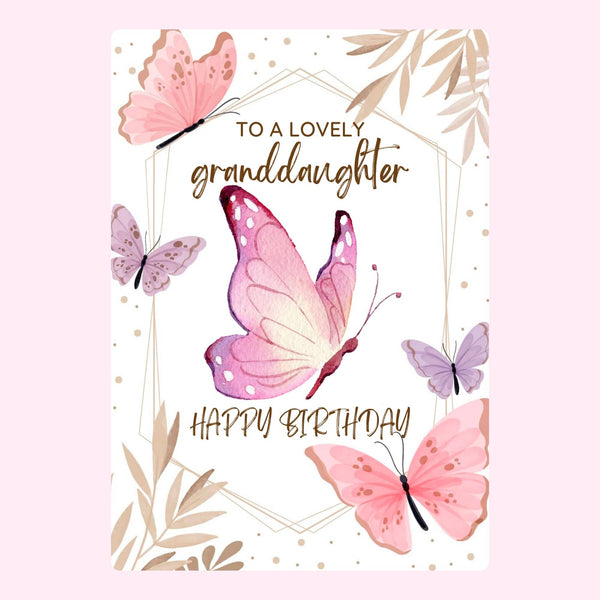 happy birthday granddaughter card design with pink butterflies, floral accents and lovely granddaughter message