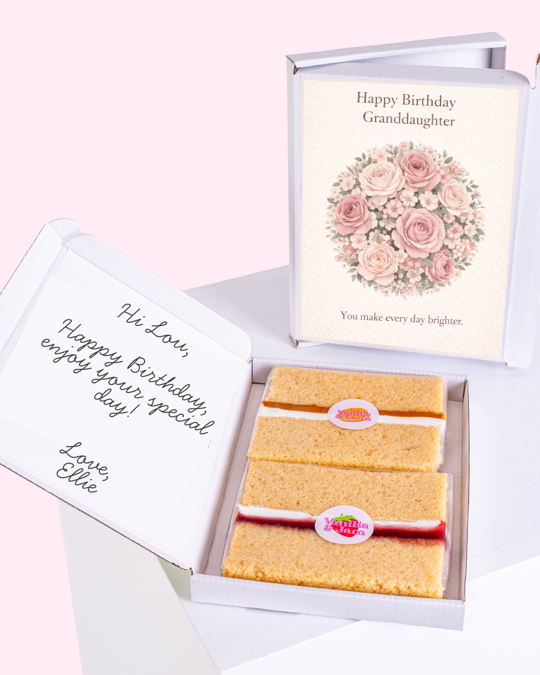 personalised birthday granddaughter cake card gift box with pink floral design card and vanilla sponge cake slices
