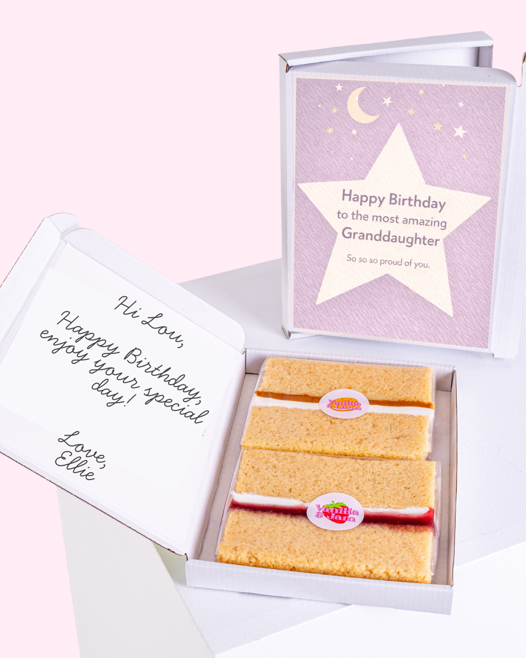 personalised birthday granddaughter cake card gift box with lilac star design card and vanilla sponge cake slices