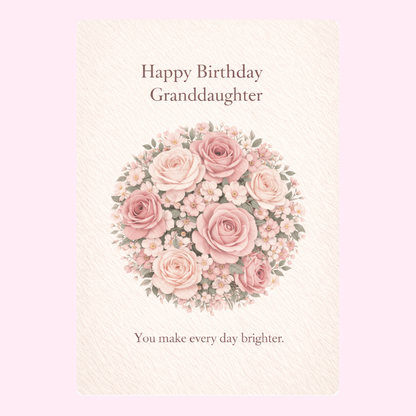 happy birthday granddaughter card design with pink rose bouquet illustration and heartfelt message on cream background