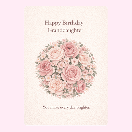 happy birthday granddaughter card design with pink rose bouquet illustration and heartfelt message on cream background
