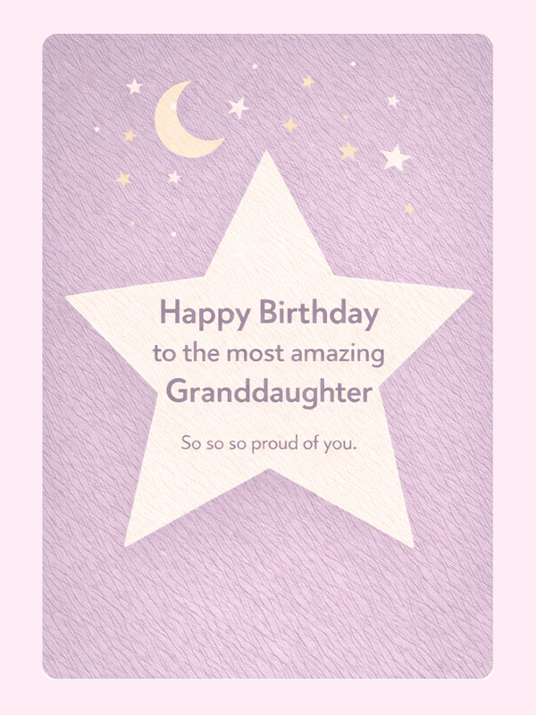 happy birthday granddaughter card design with cream star, moon and stars on lilac background