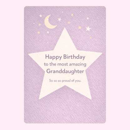 happy birthday granddaughter card design with cream star, moon and stars on lilac background