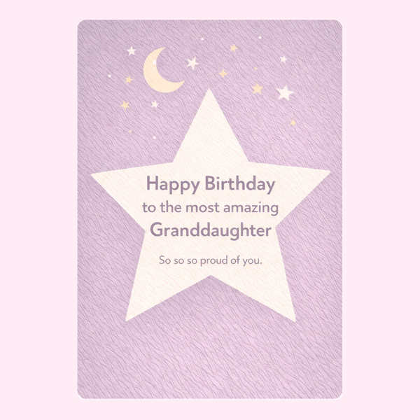 happy birthday granddaughter card design with cream star, moon and stars on lilac background