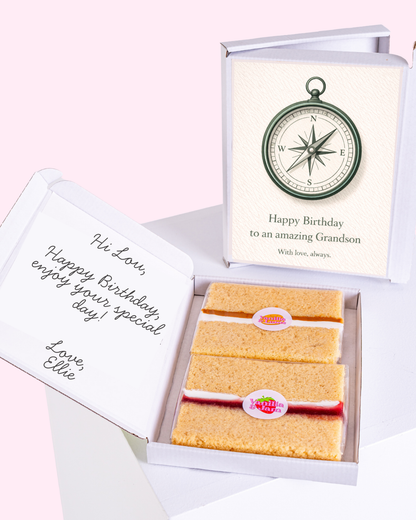 personalised birthday grandson cake card gift box with compass design card and vanilla sponge cake slices