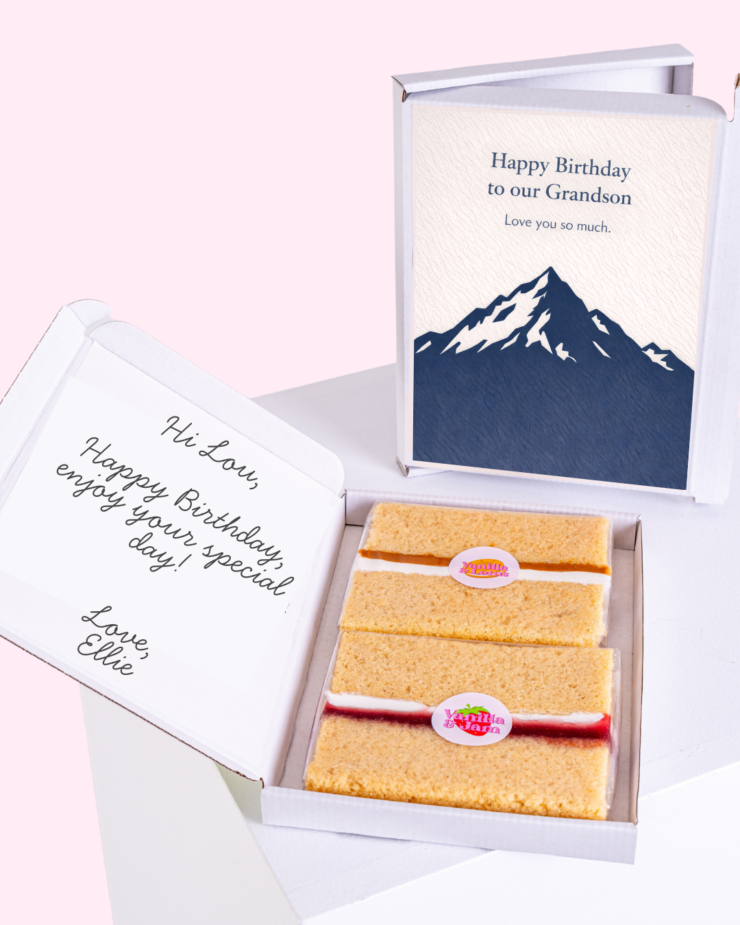 personalised birthday grandson cake card gift box with blue mountain design card and vanilla sponge cake slices