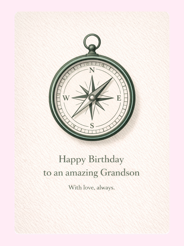 happy birthday grandson card design with vintage compass illustration and heartfelt message on cream background