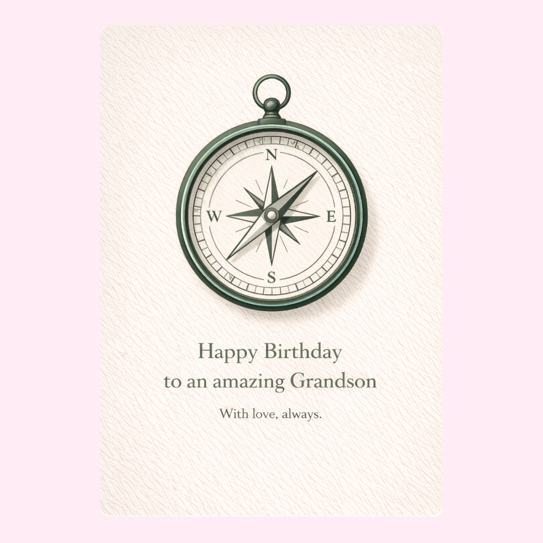 happy birthday grandson card design with vintage compass illustration and heartfelt message on cream background
