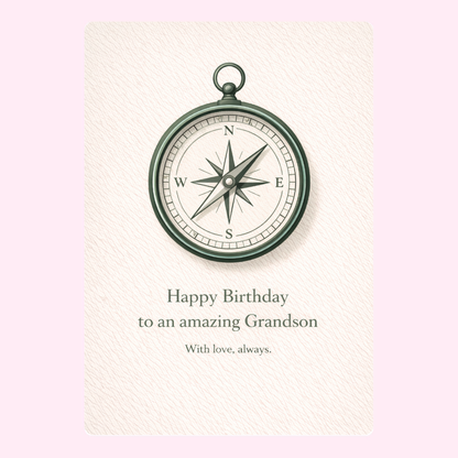 happy birthday grandson card design with vintage compass illustration and heartfelt message on cream background