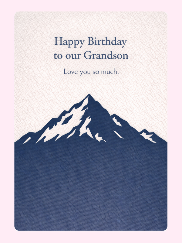 happy birthday grandson card design with blue mountain illustration and heartfelt message on cream background