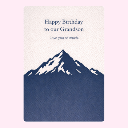 happy birthday grandson card design with blue mountain illustration and heartfelt message on cream background