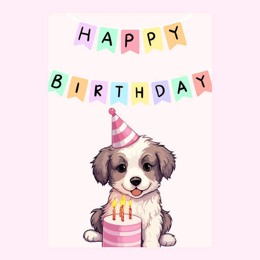 puppy birthday card with cake and bunting