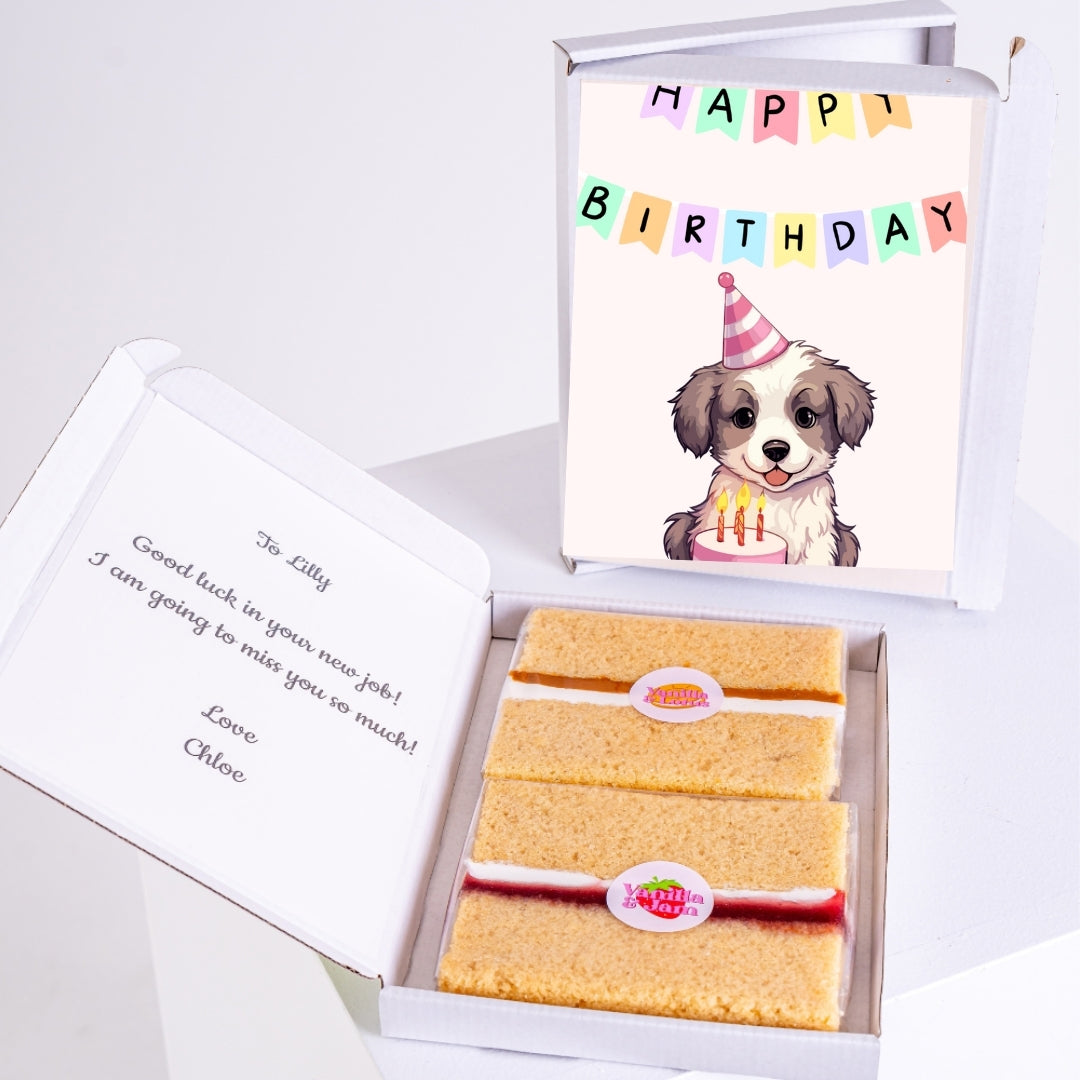 gift box letterbox cake with puppy birthday card