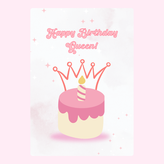 Pink birthday cake with crown and candle with “Happy Birthday Queen!” text on a soft pastel background