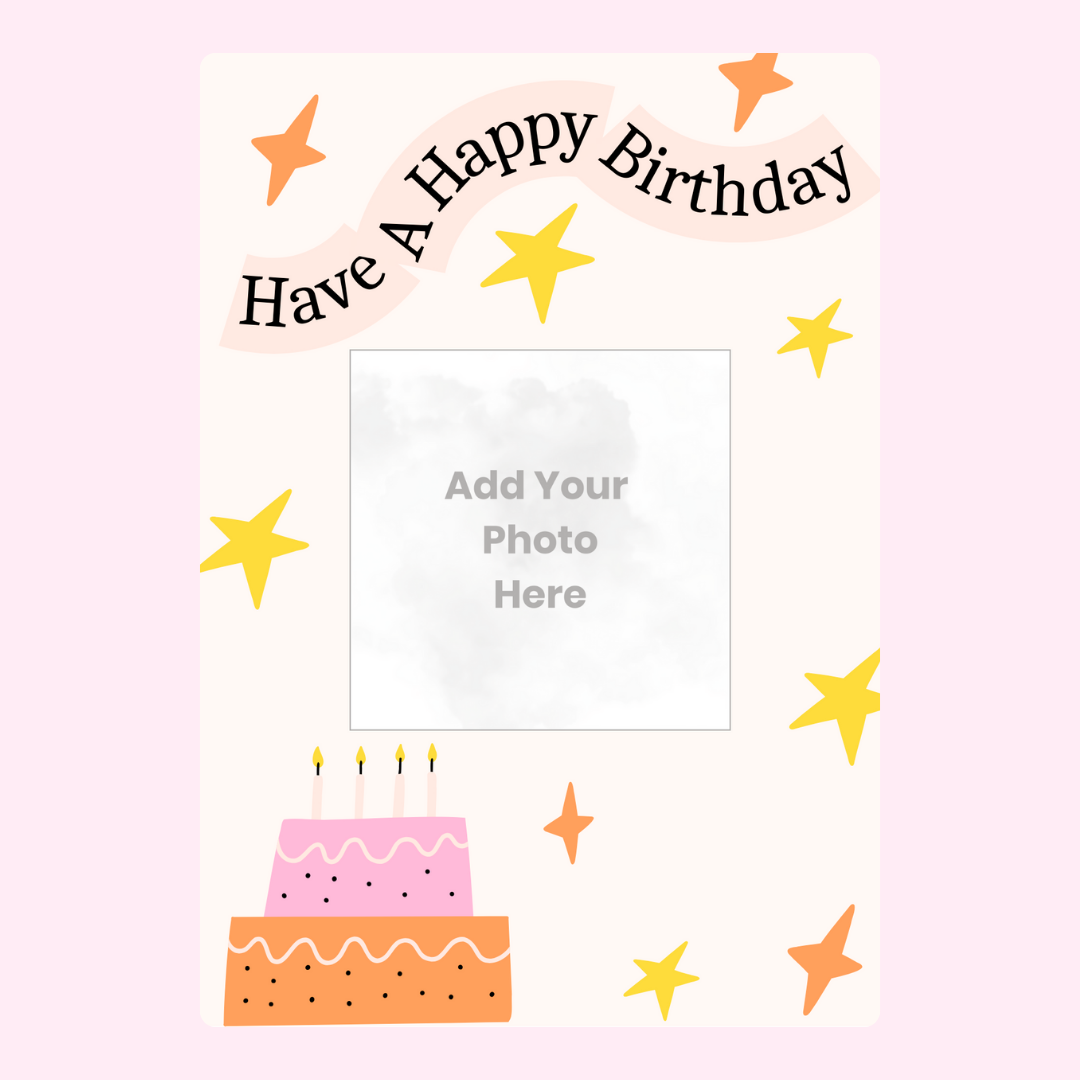 Birthday photo upload card with stars and cake