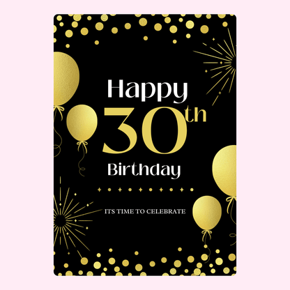 black and gold 30th birthday card with balloons and celebratory design