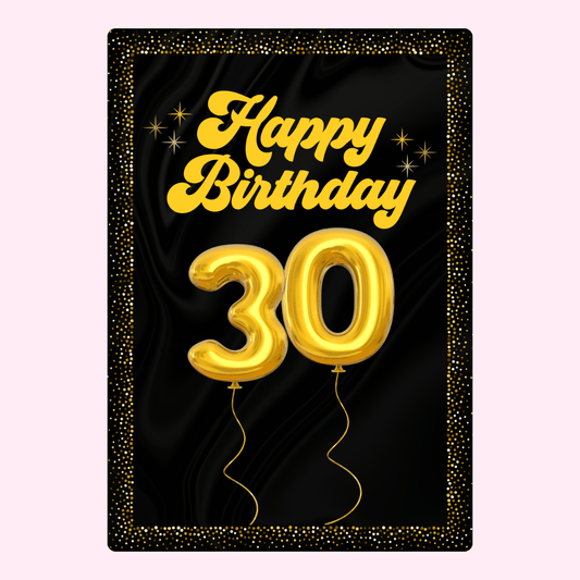 black and gold 30th birthday card with balloon design