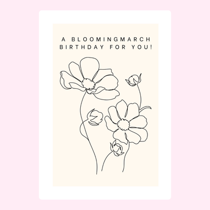 Minimal Blooming March birthday edible greeting card with elegant floral line art design