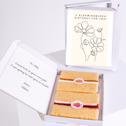 Blooming March birthday edible cake gift box with personalised message card and vanilla sponge cake slices