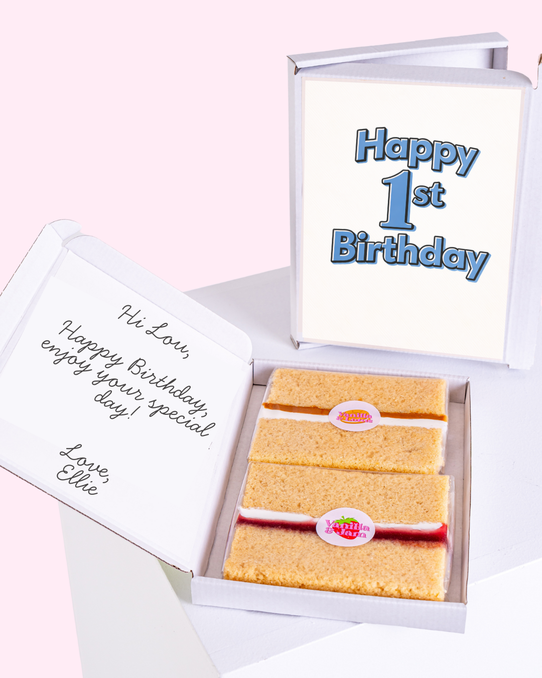 Personalised 1st birthday cake letterbox gift with blue text card