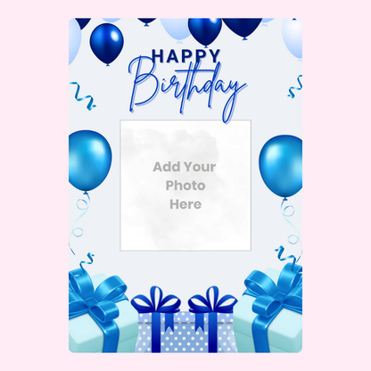 Birthday photo upload card with blue balloons