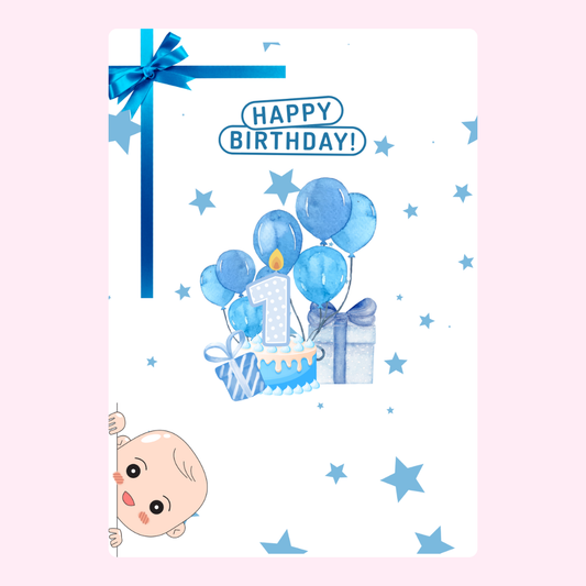 Blue balloons 1st birthday card with number one cake design