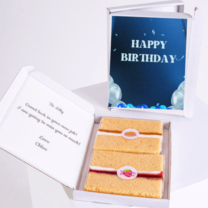Blue balloons happy birthday card with cake slices gift box