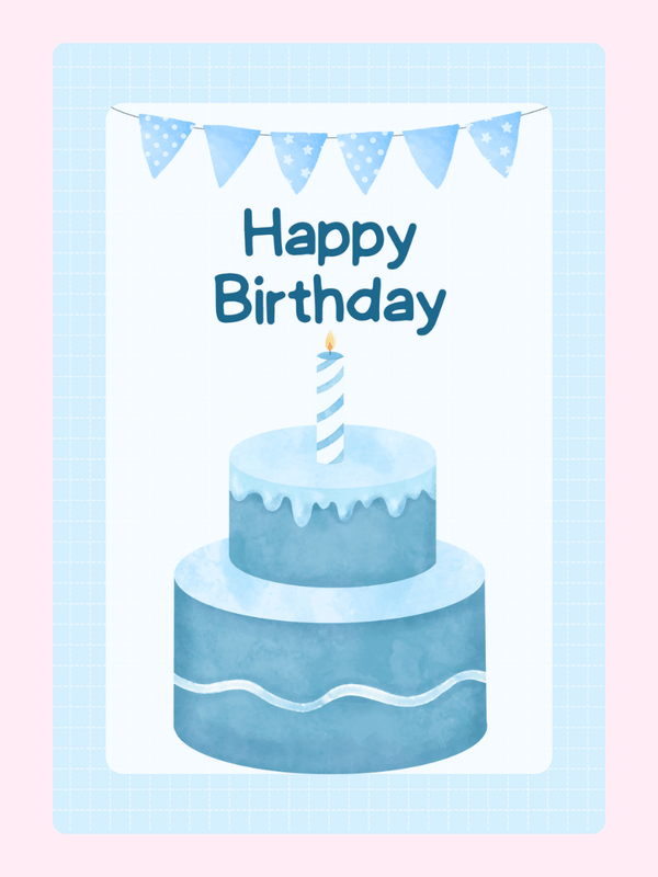 Blue birthday card with two-tier cake, candle, and bunting flags with “Happy Birthday” text on a soft blue background