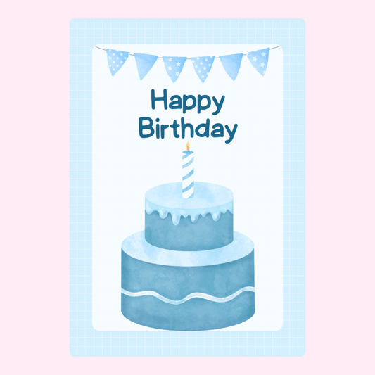 Blue birthday card with two-tier cake, candle, and bunting flags with “Happy Birthday” text on a soft blue background