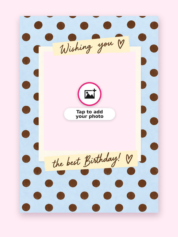 Blue Polka Dot Birthday Cake Card with a space for your own photo