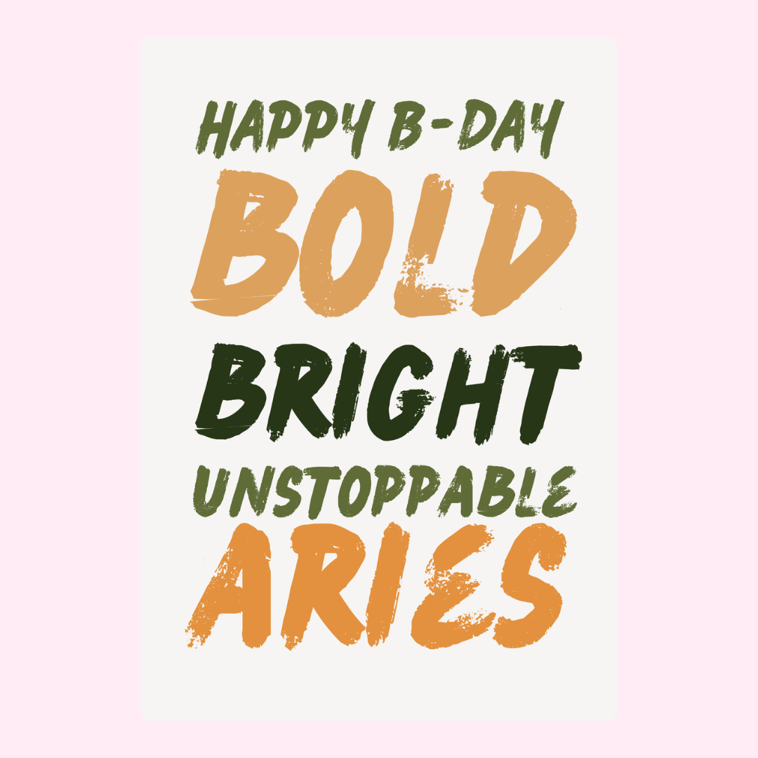 Modern Aries birthday card with bold distressed typography and motivational Aries quote design