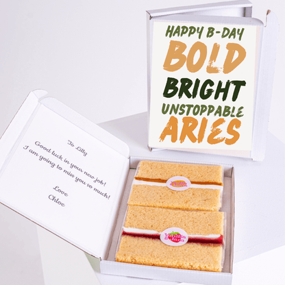 Aries birthday cake gift box with bold brush typography design in green and orange colours